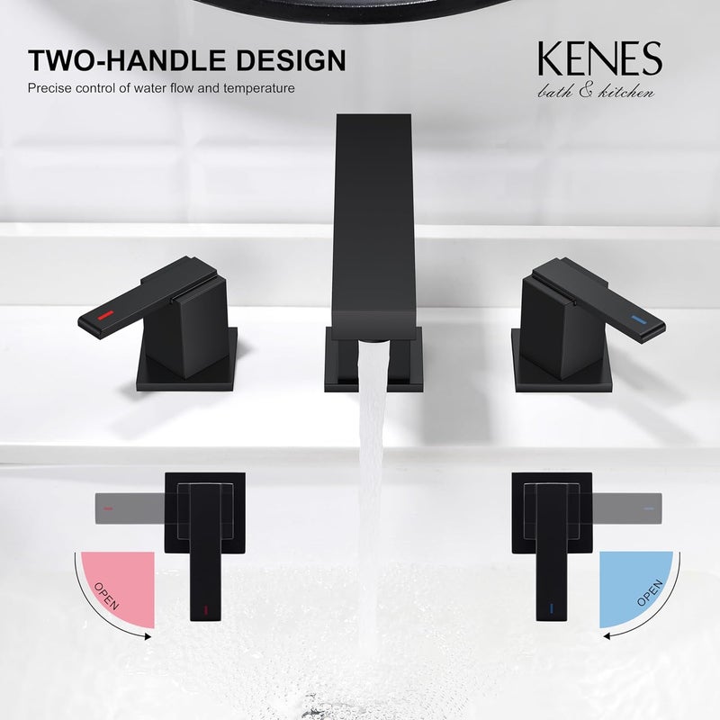 KENES Black Widespread Bathroom Faucet 3 Hole Bathroom Sink Faucet Matte Black Two Handle, 8-Inch 3 Pieces Bathroom Vanity Faucet with Pop Up Drain & Supply Lines, KE-9050-2-P - Image 5
